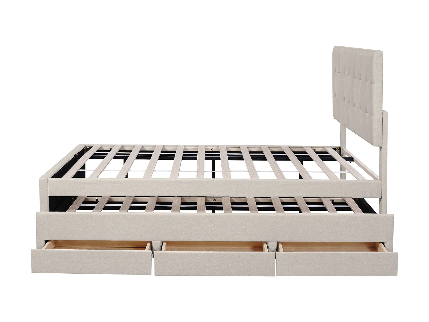 Lit gigogne avec 3 tiroirs - 140 x 200 cm + 90 x 190 cm - tissu lin - tête de lit réglable - coloris beige