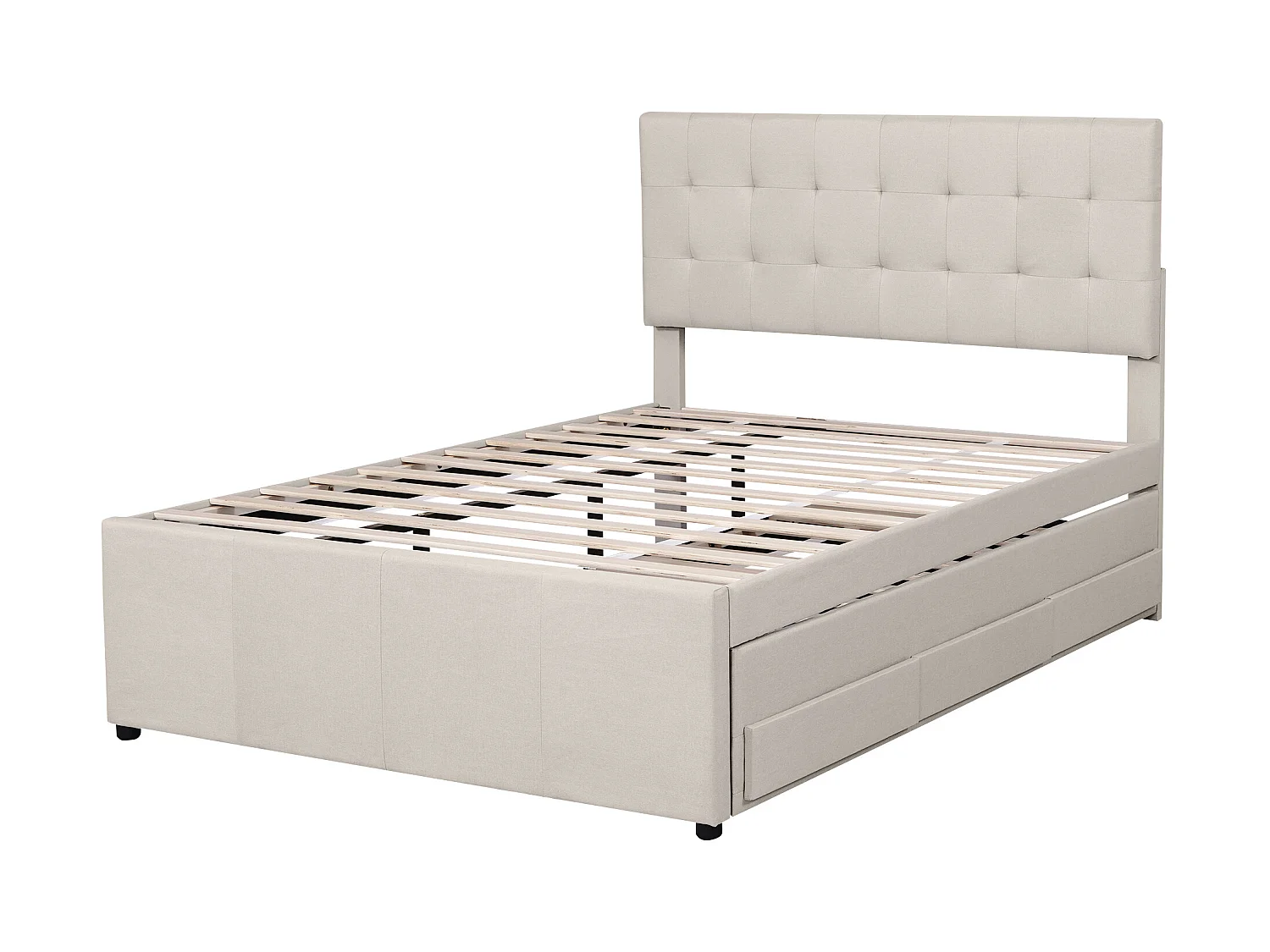 Lit gigogne avec 3 tiroirs - 140 x 200 cm + 90 x 190 cm - tissu lin - tête de lit réglable - coloris beige