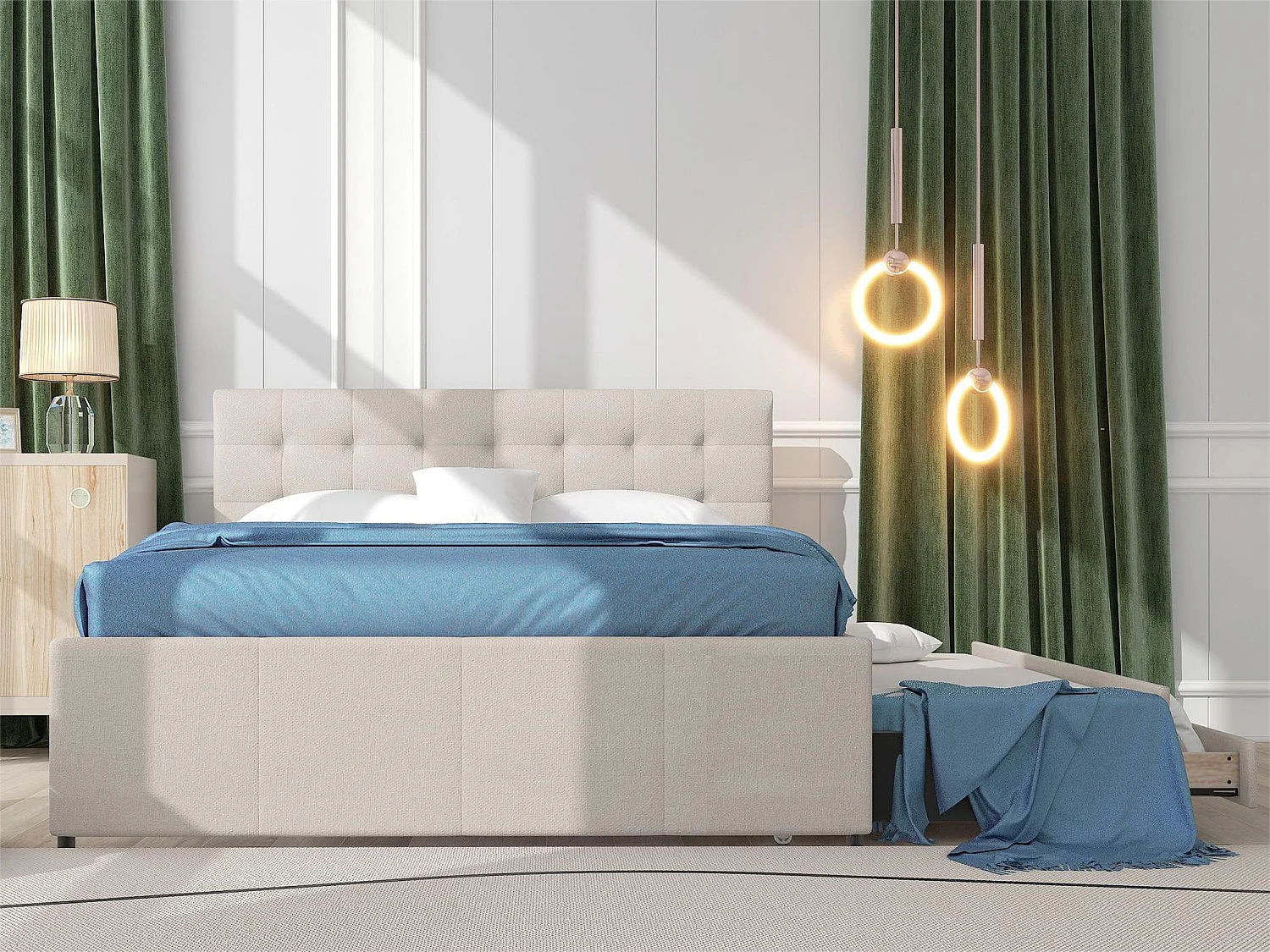 Lit gigogne avec 3 tiroirs - 140 x 200 cm + 90 x 190 cm - tissu lin - tête de lit réglable - coloris beige