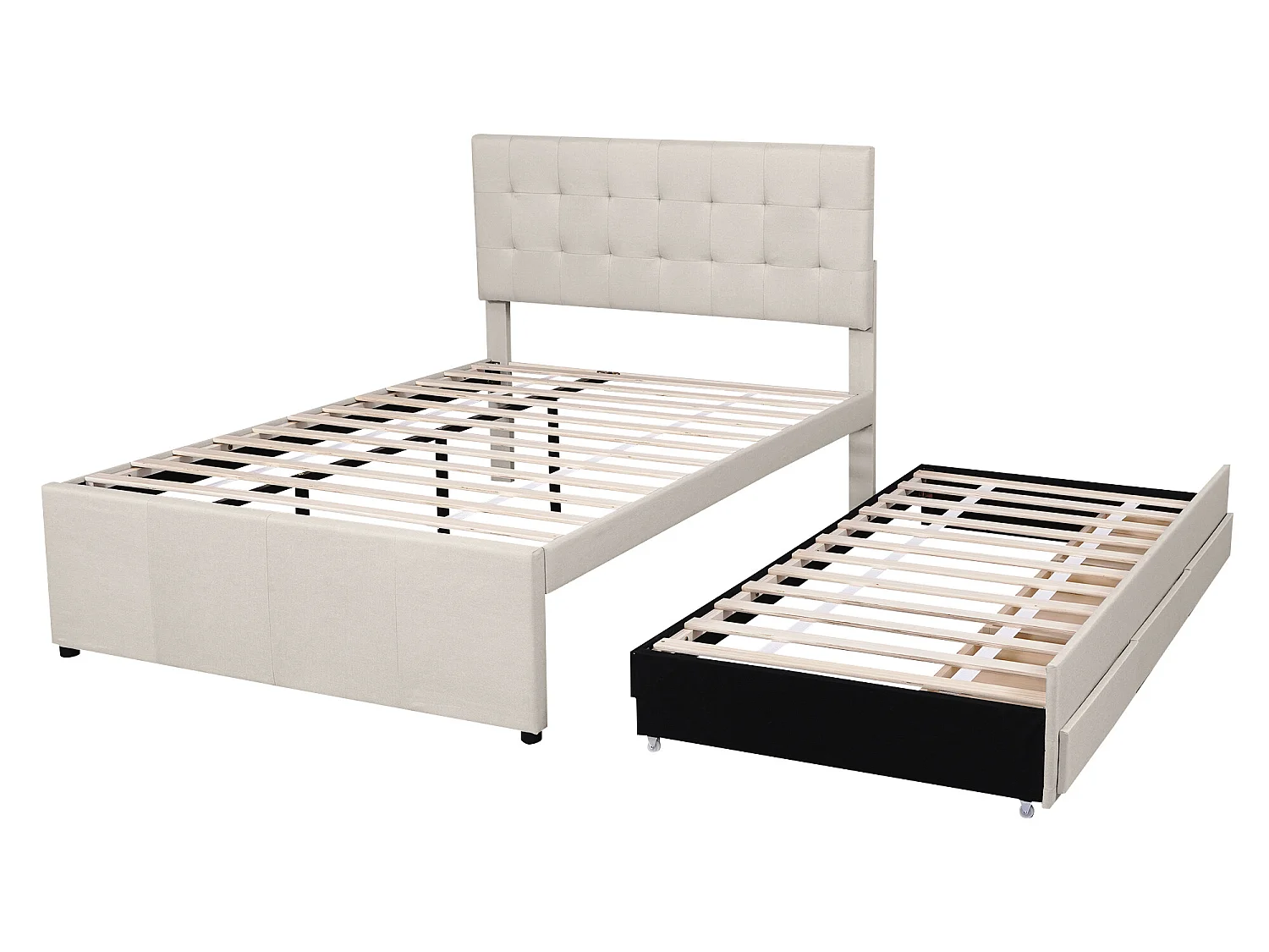 Lit gigogne avec 3 tiroirs - 140 x 200 cm + 90 x 190 cm - tissu lin - tête de lit réglable - coloris beige