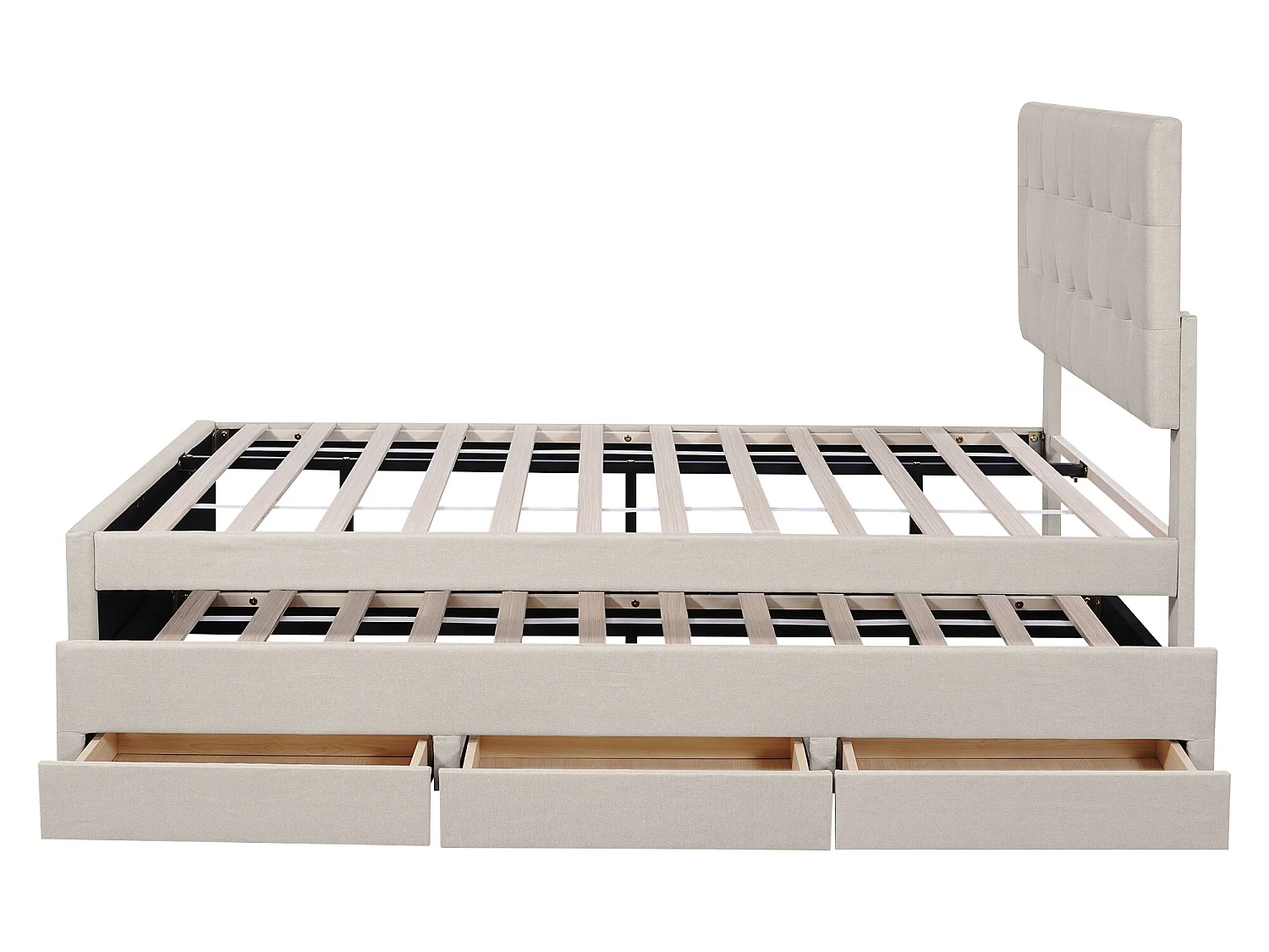 Lit gigogne avec 3 tiroirs - 140 x 200 cm + 90 x 190 cm - tissu lin - tête de lit réglable - coloris beige