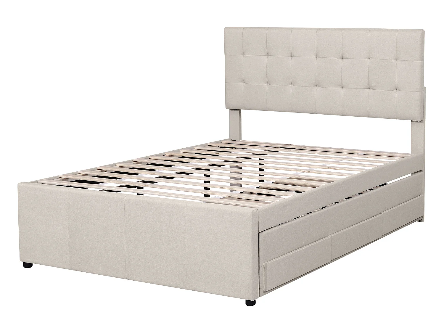 Lit gigogne avec 3 tiroirs - 140 x 200 cm + 90 x 190 cm - tissu lin - tête de lit réglable - coloris beige