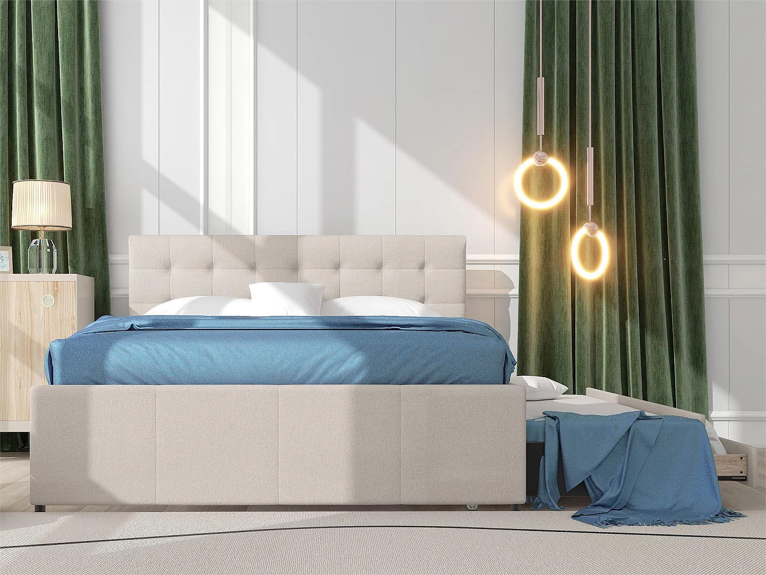 Lit gigogne avec 3 tiroirs - 140 x 200 cm + 90 x 190 cm - tissu lin - tête de lit réglable - coloris beige