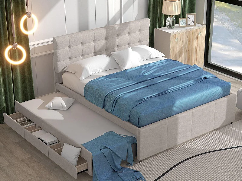 Lit gigogne avec 3 tiroirs - 140 x 200 cm + 90 x 190 cm - tissu lin - tête de lit réglable - coloris beige