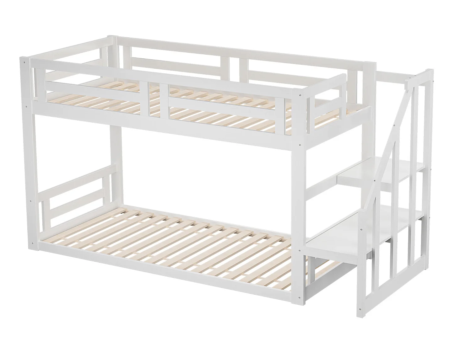 Lit superposé 2 places avec rangement - 2 x 90 x 200 cm - pin - sommier à lattes - blanc