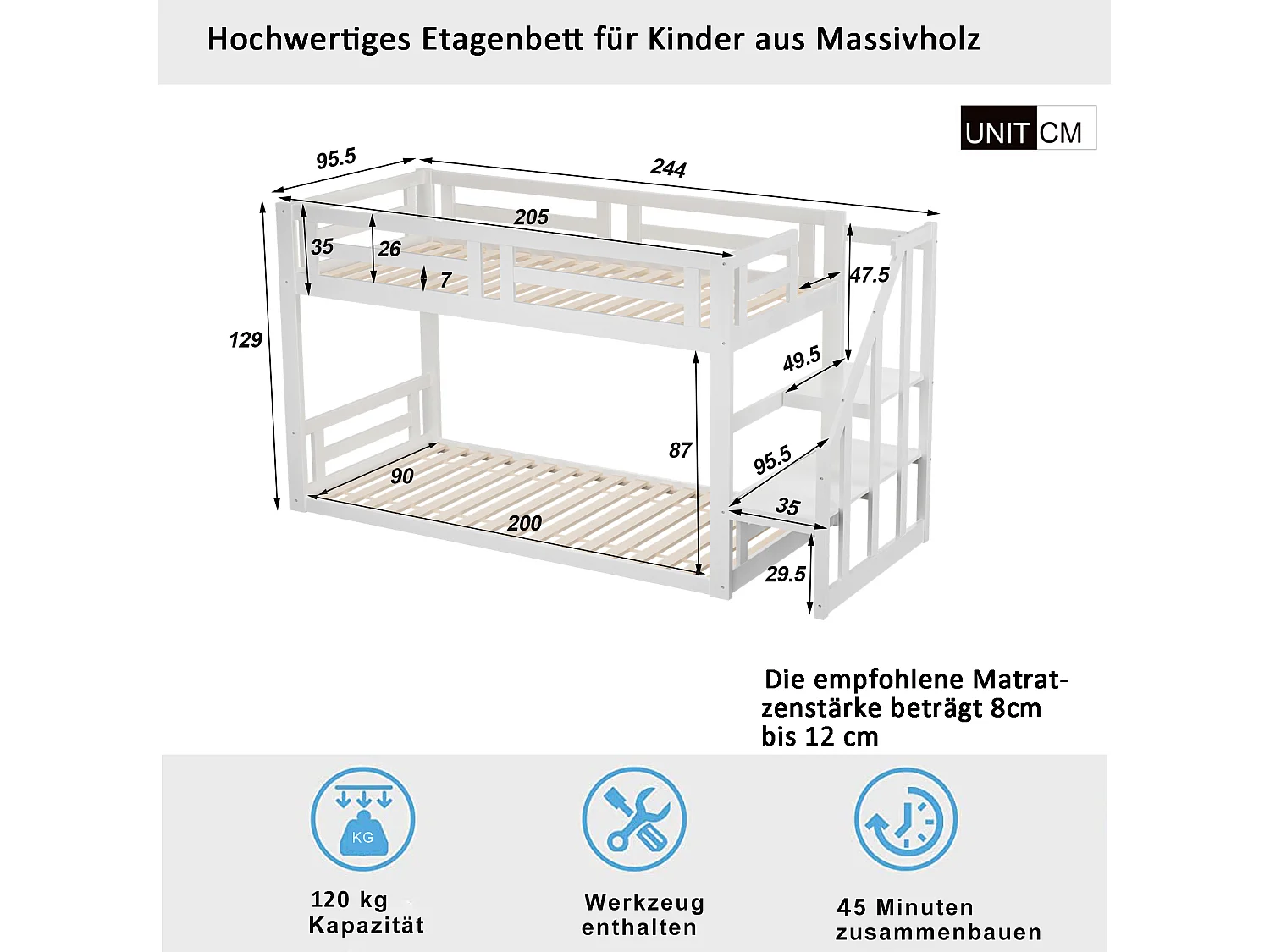 Lit superposé 2 places avec rangement - 2 x 90 x 200 cm - pin - sommier à lattes - blanc