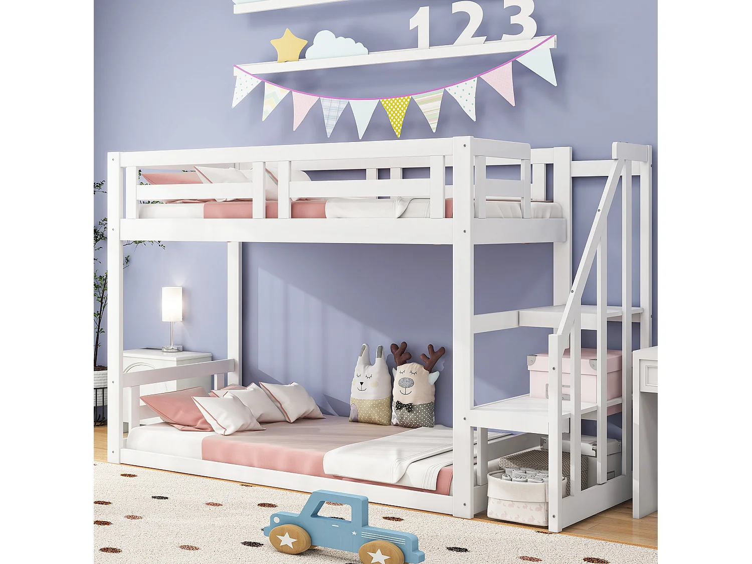 Lit superposé 2 places avec rangement - 2 x 90 x 200 cm - pin - sommier à lattes - blanc