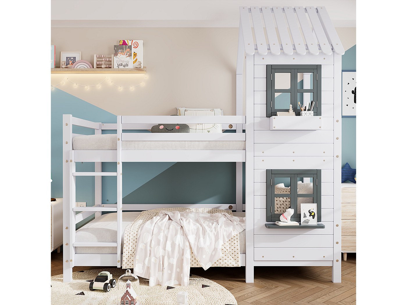 Stapelbed 90×200 Cm - Bed Met Opberging Onderin - Met Veiligheidsladder Met Opbergkist Wit