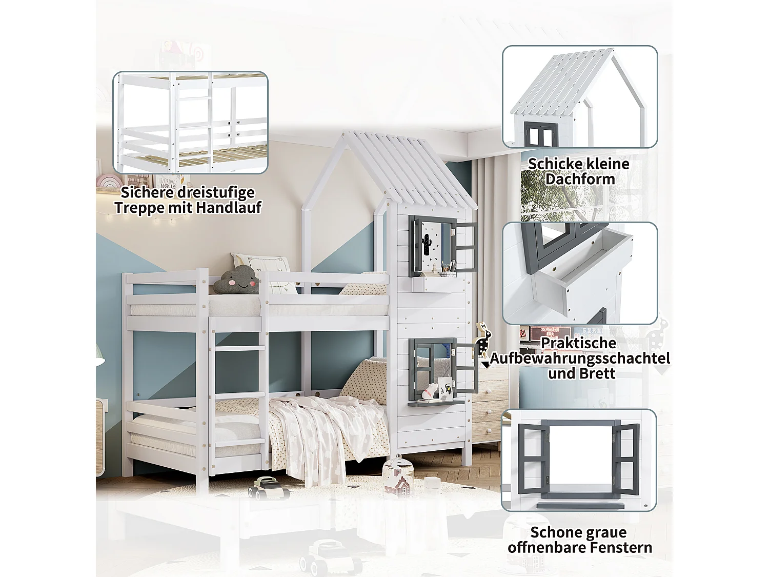 Doppel-Etagenbett - 2 x 90 x 200 cm - Treppe, Fenster und Lattenrost - weiß