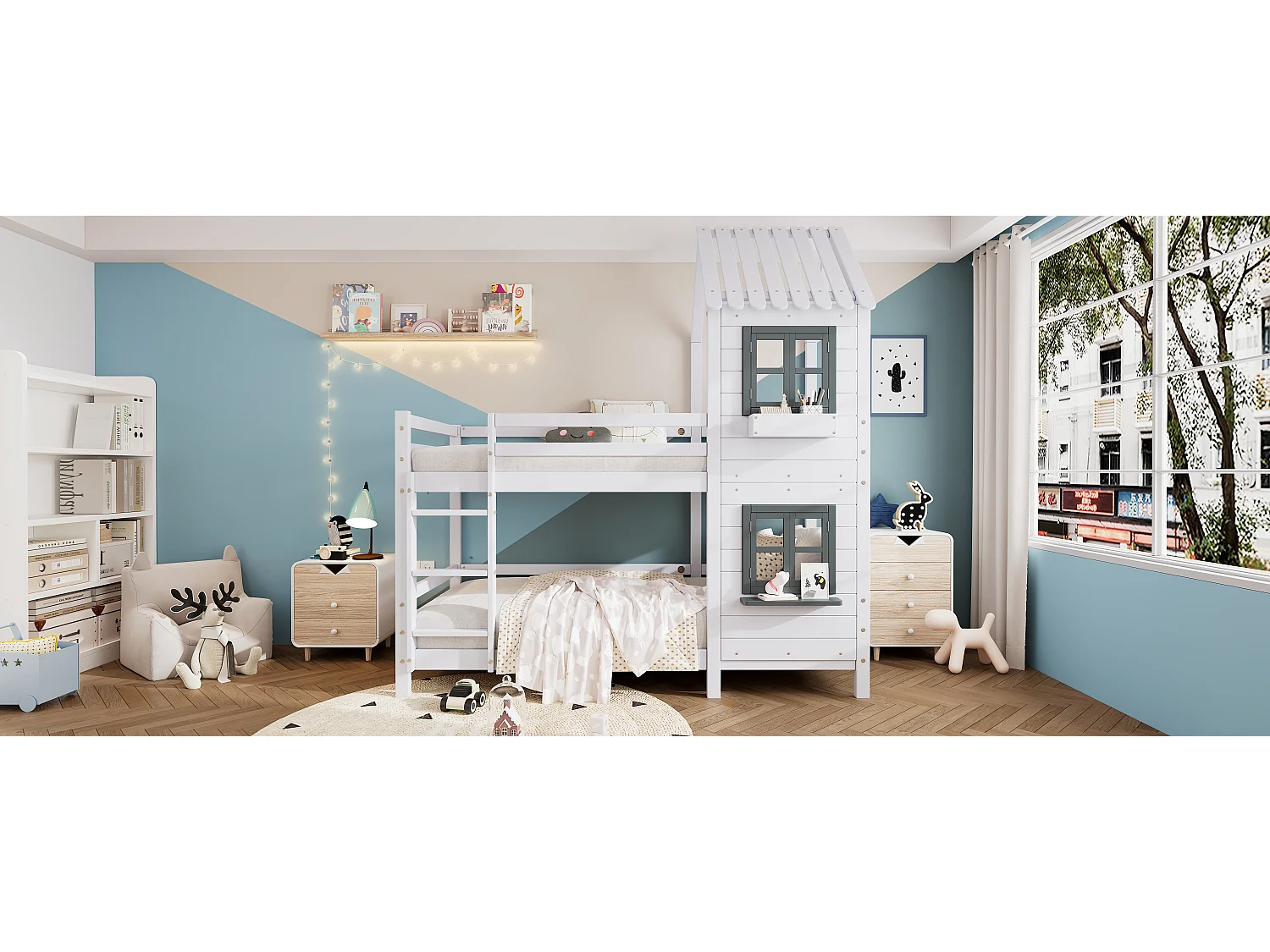 Doppel-Etagenbett - 2 x 90 x 200 cm - Treppe, Fenster und Lattenrost - weiß