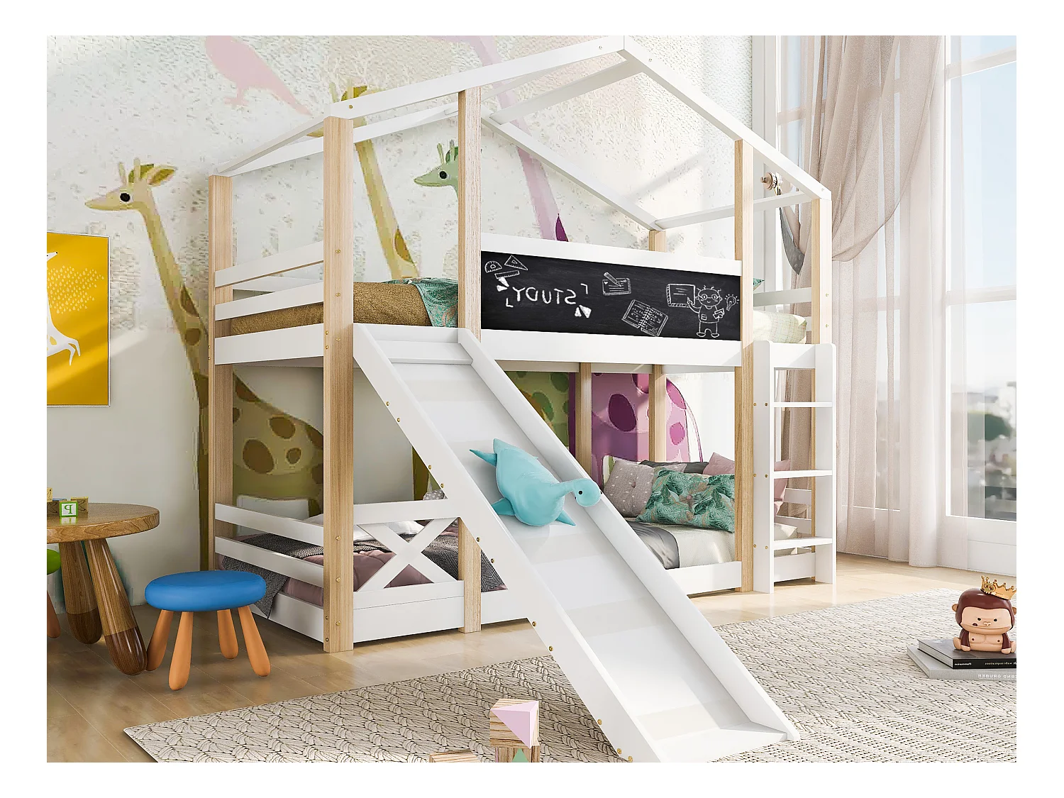 Lit superposé cabane - 2 x 90 x 200 cm - pin et MDF - toboggan, échelle et sommier à lattes - coloris: naturel et blanc