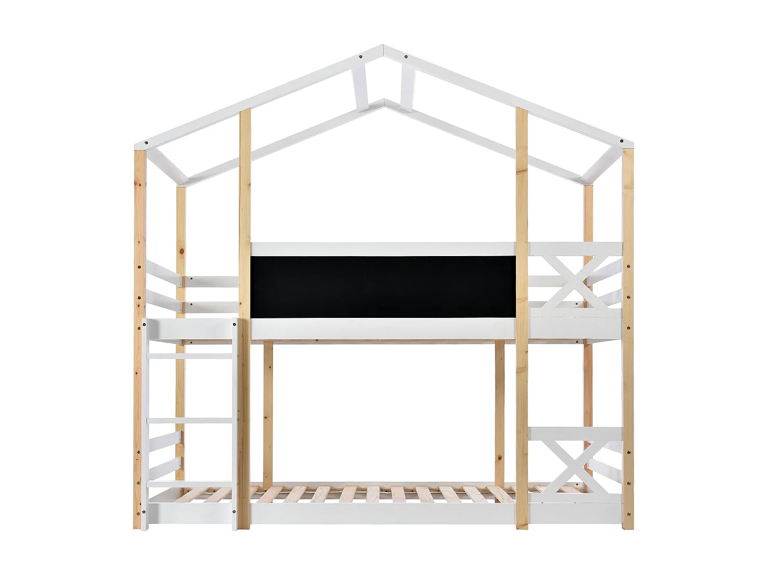 Lit superposé cabane - 2 x 90 x 200 cm - pin et MDF - toboggan, échelle et sommier à lattes - coloris: naturel et blanc