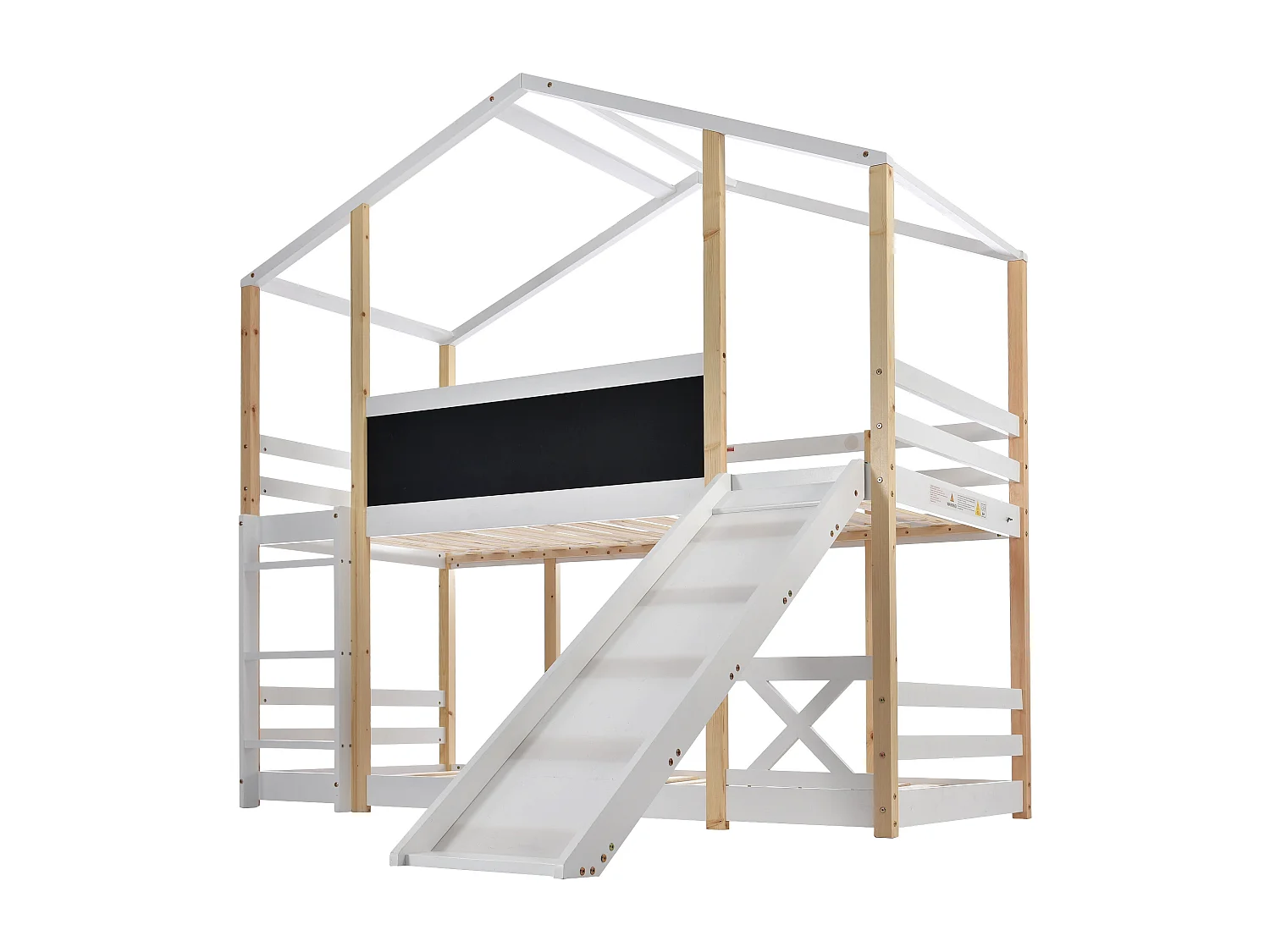 Lit superposé cabane - 2 x 90 x 200 cm - pin et MDF - toboggan, échelle et sommier à lattes - coloris: naturel et blanc