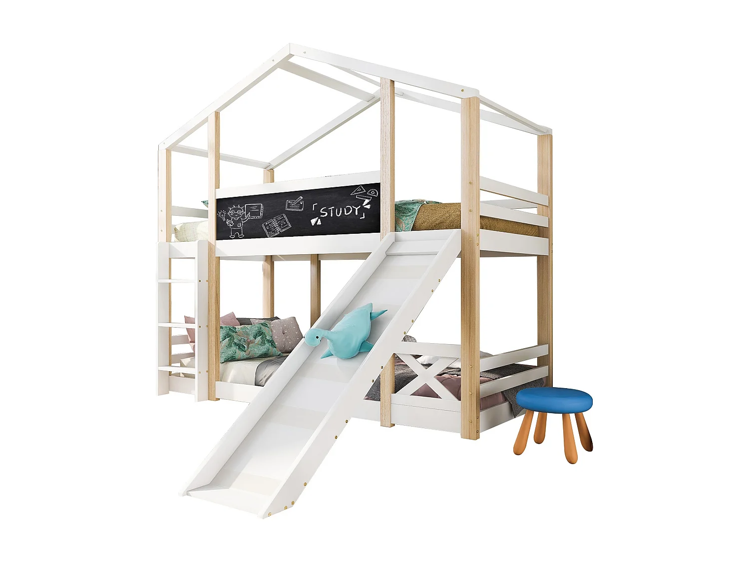 Lit superposé cabane - 2 x 90 x 200 cm - pin et MDF - toboggan, échelle et sommier à lattes - coloris: naturel et blanc