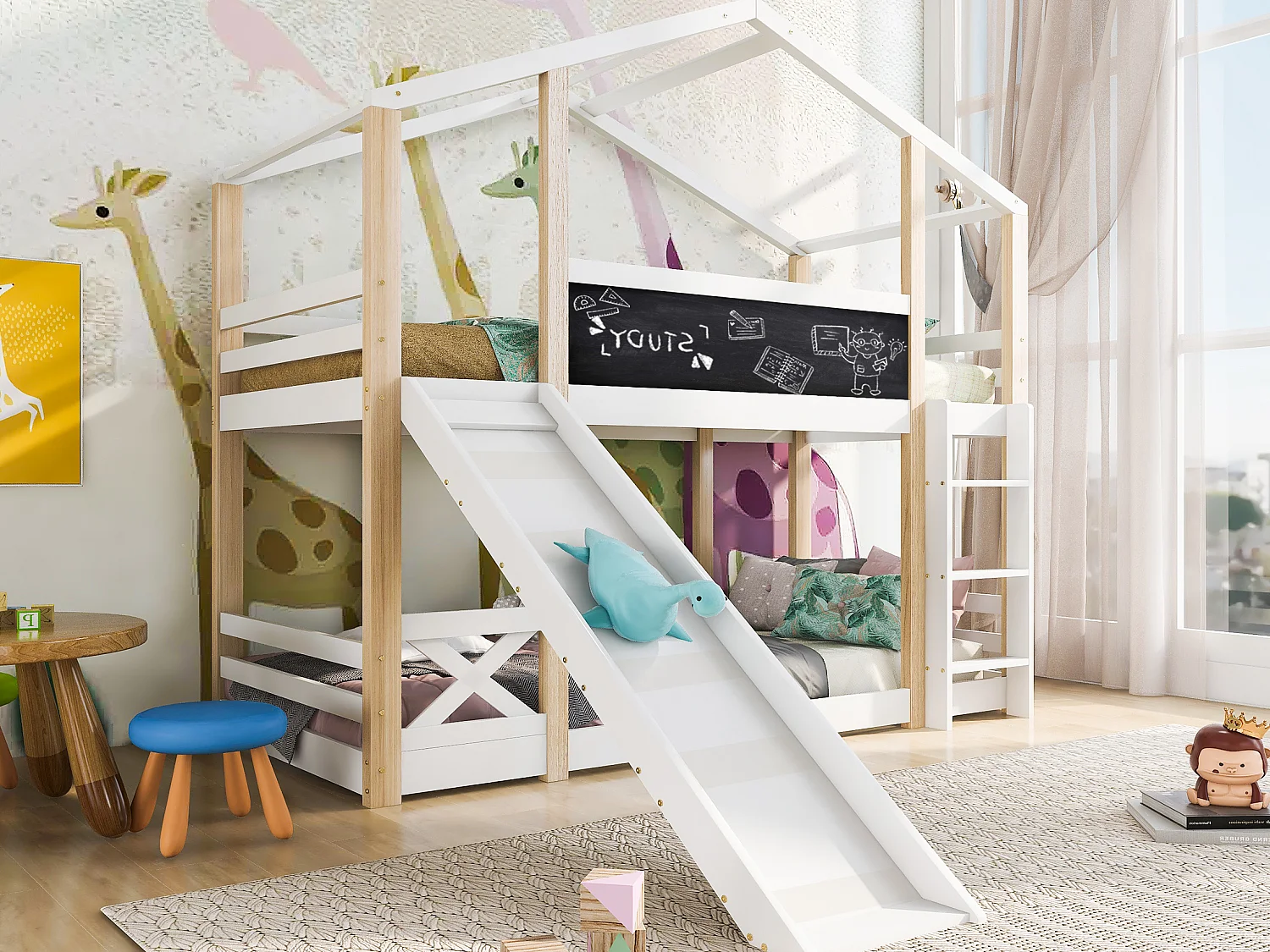 Etagenbett für die Kabine – 2 x 90 x 200 cm – Kiefer und MDF – Rutsche, Leiter und Lattenrost – Farben: Natur und Weiß