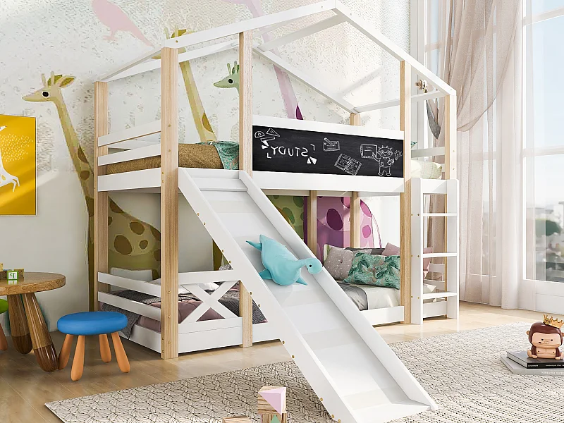 Lit superposé cabane - 2 x 90 x 200 cm - pin et MDF - toboggan, échelle et sommier à lattes - coloris: naturel et blanc