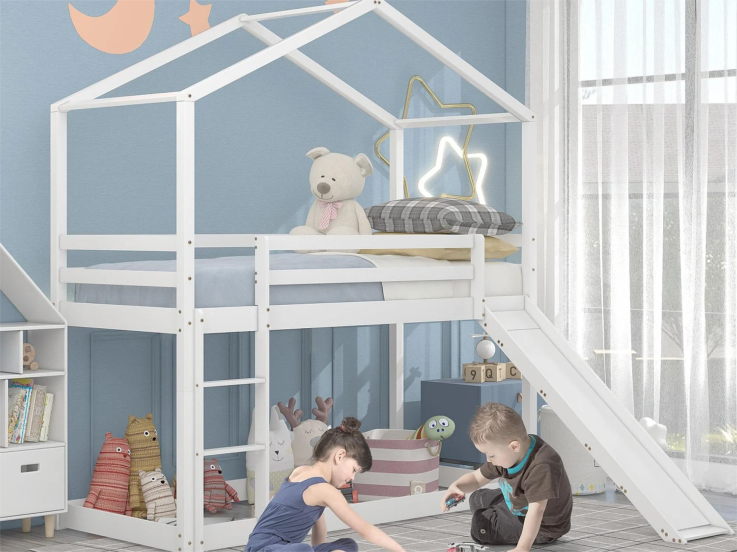 Lit superposé enfant avec toboggan - 90 x 200 cm - bois massif - sommier à lattes seule en dessus - blanc