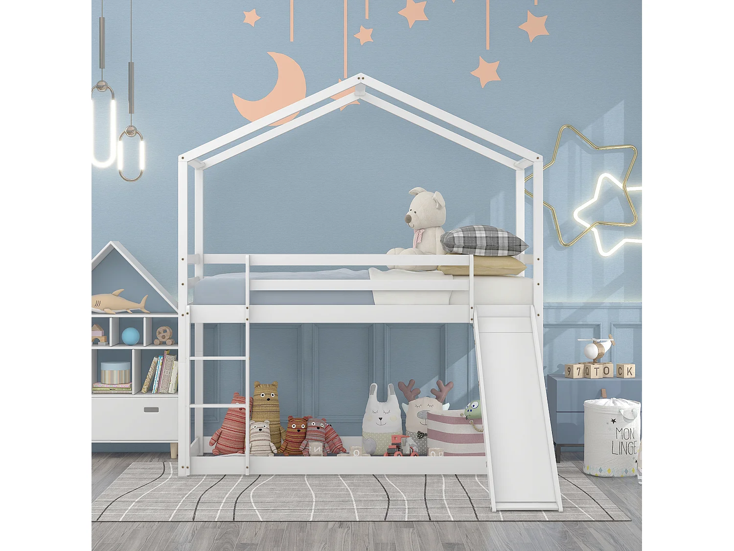 Lit superposé enfant avec toboggan - 90 x 200 cm - bois massif - sommier à lattes seule en dessus - blanc