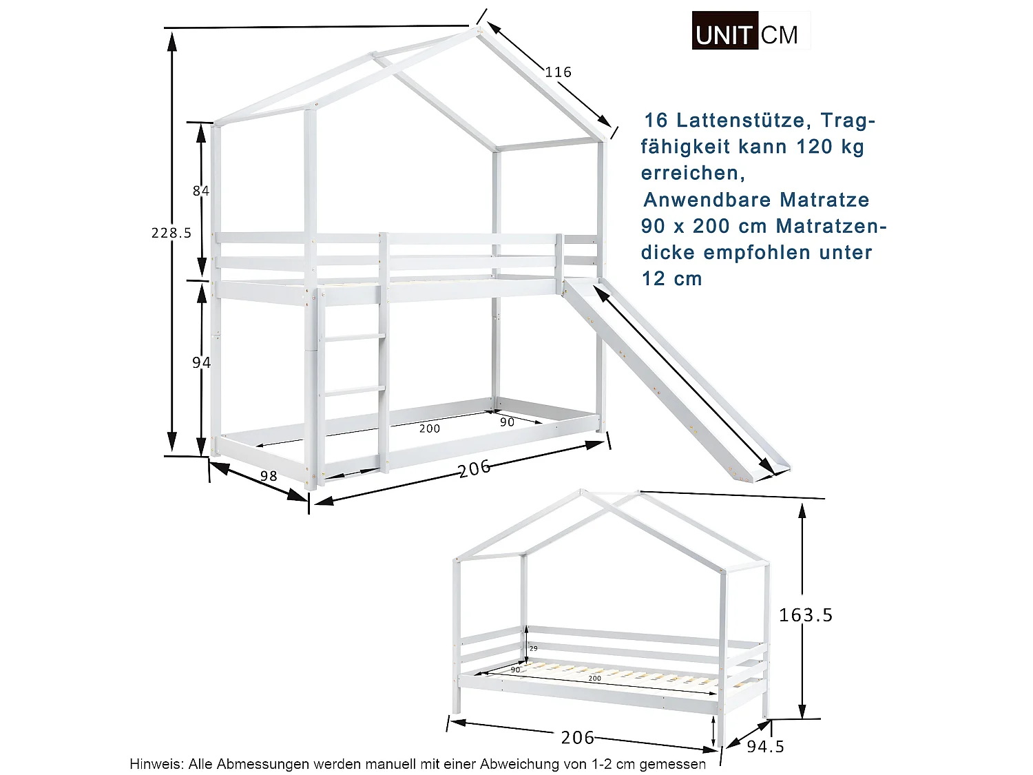 Lit superposé enfant avec toboggan - 90 x 200 cm - bois massif - sommier à lattes seule en dessus - blanc