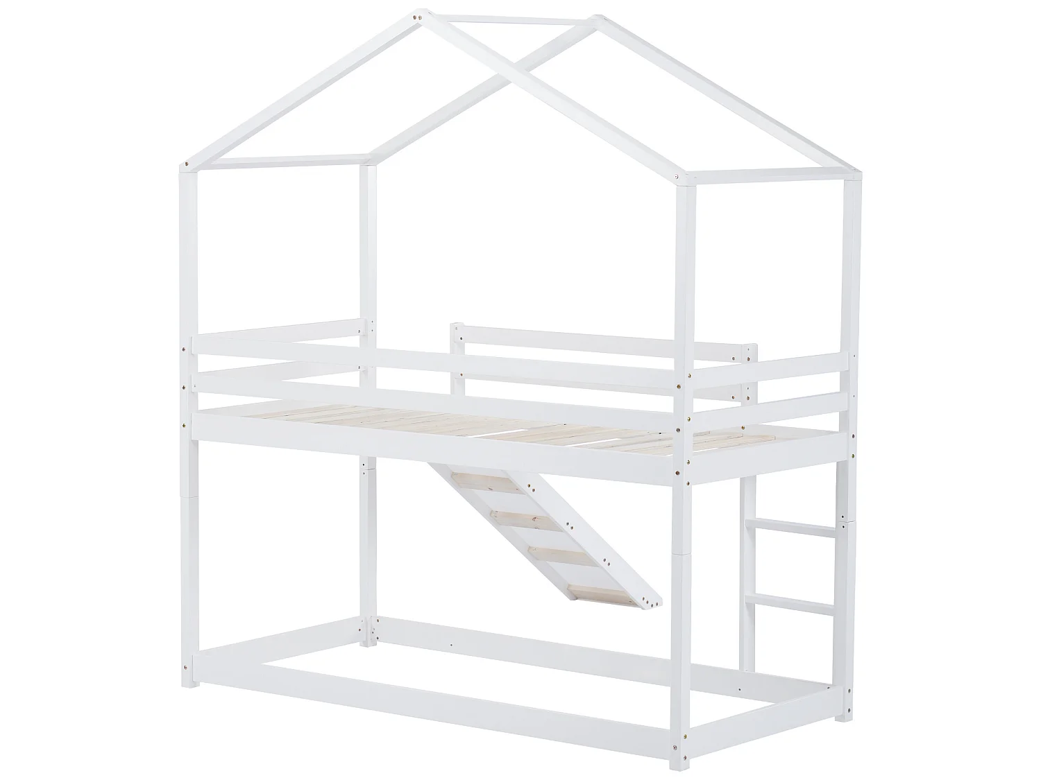 Lit superposé enfant avec toboggan - 90 x 200 cm - bois massif - sommier à lattes seule en dessus - blanc