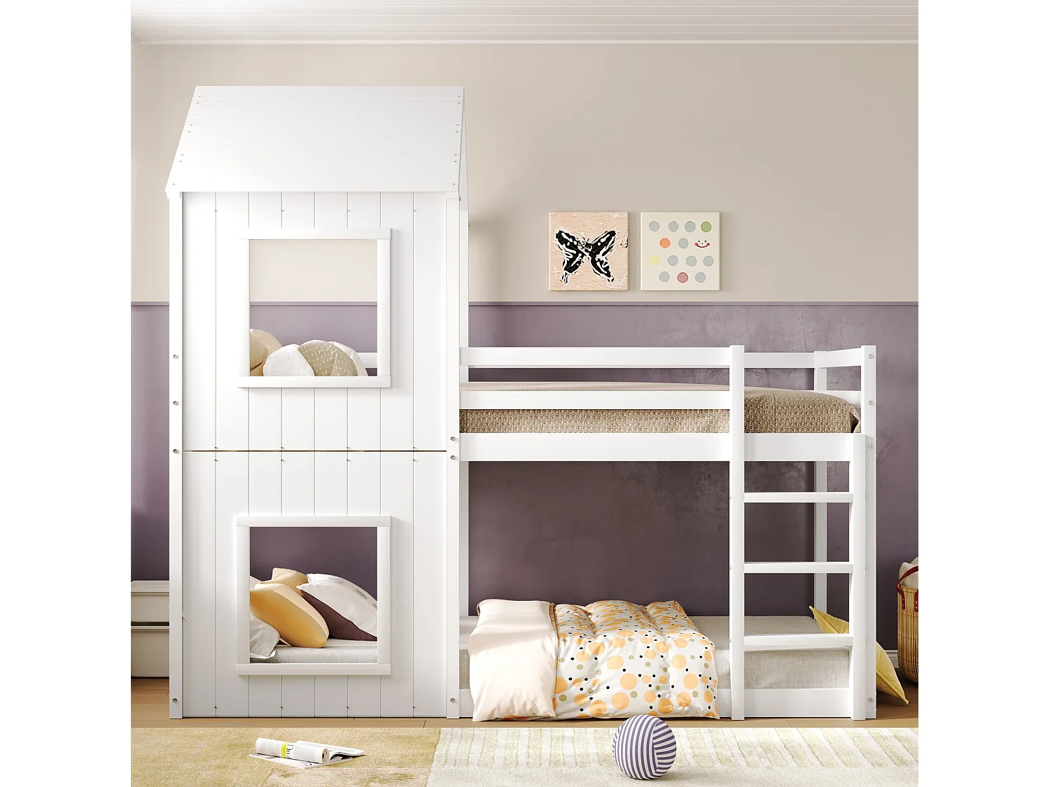 Kinderstapelbed voor 2 personen, 90 x 200 cm, van massief hout met lattenbodem, moderne stijl, wit