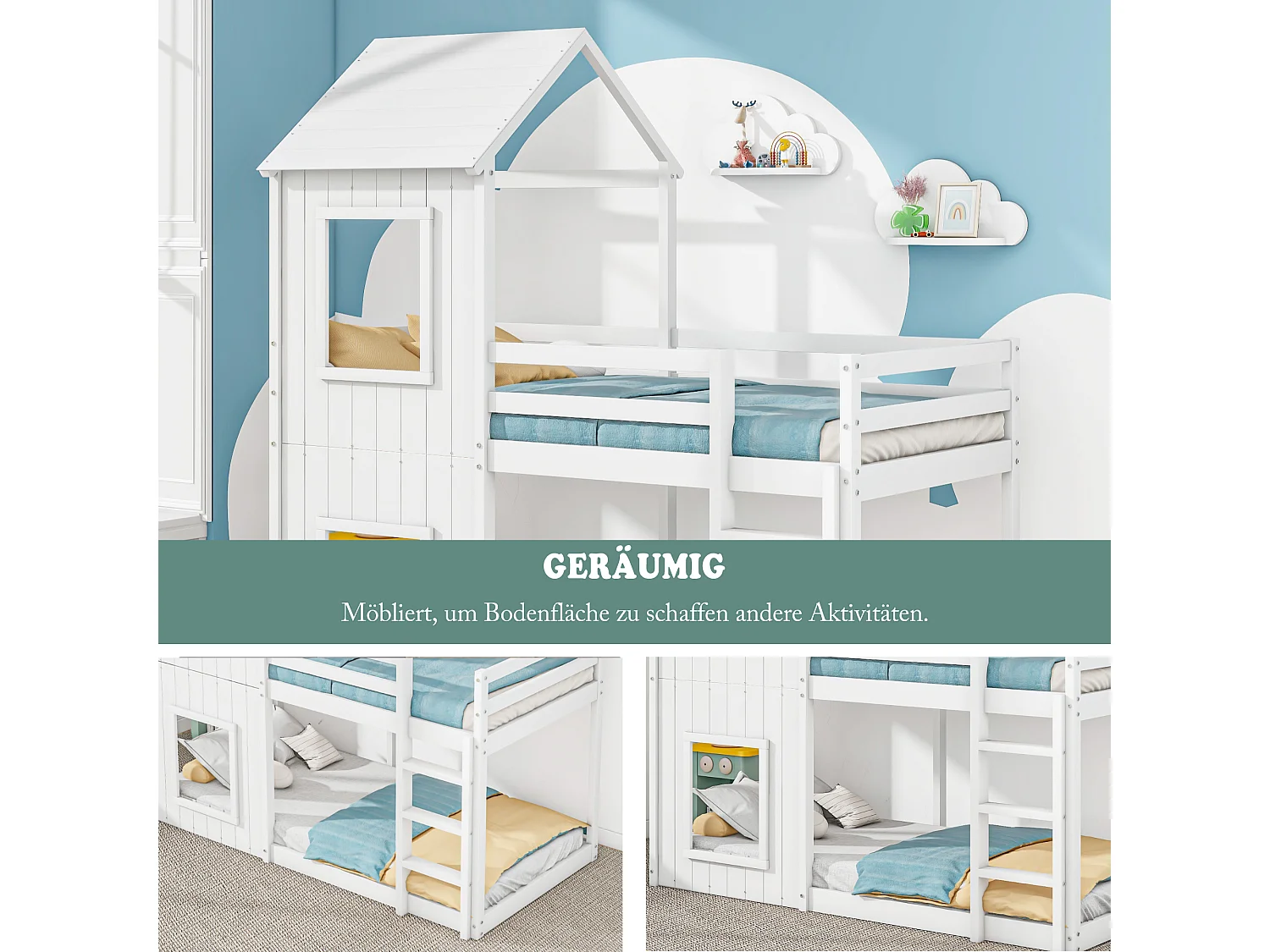 Kinderstapelbed voor 2 personen, 90 x 200 cm, van massief hout met lattenbodem, moderne stijl, wit