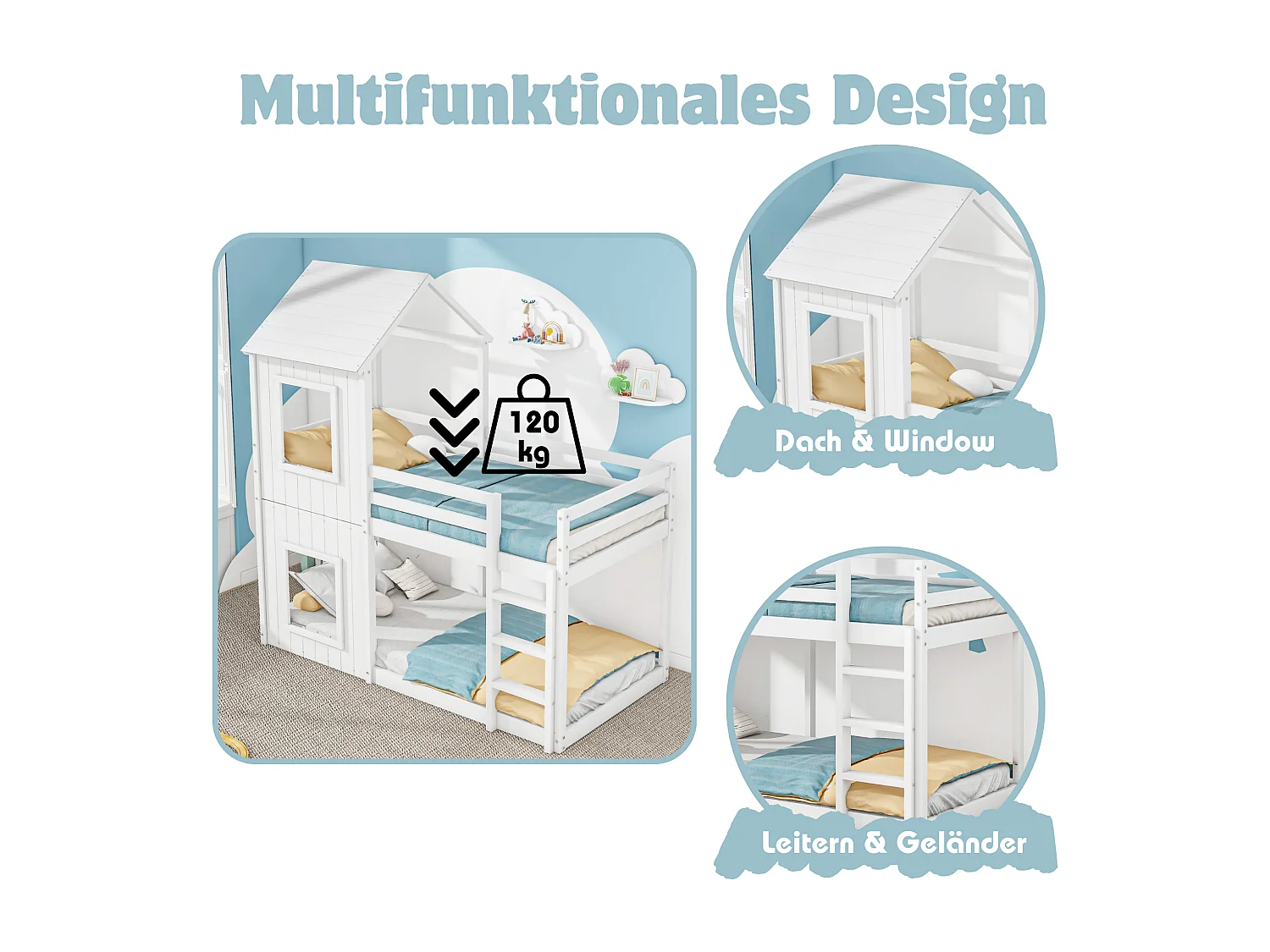 Kinderstapelbed voor 2 personen, 90 x 200 cm, van massief hout met lattenbodem, moderne stijl, wit