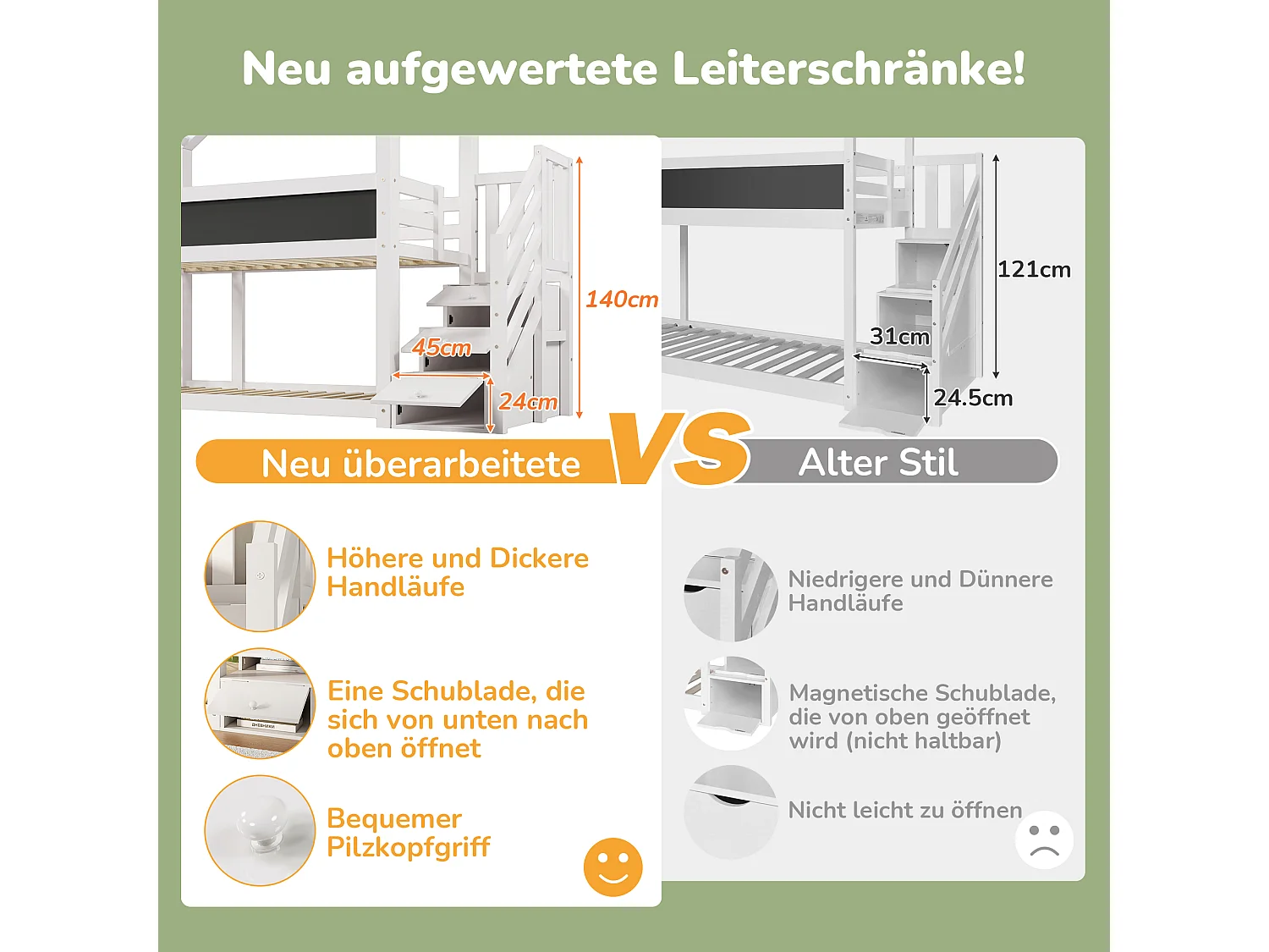 Lit superposé avec rangement - 2 x 90 x 200 cm - pin et MDF - escalier et sommier à lattes - blanc