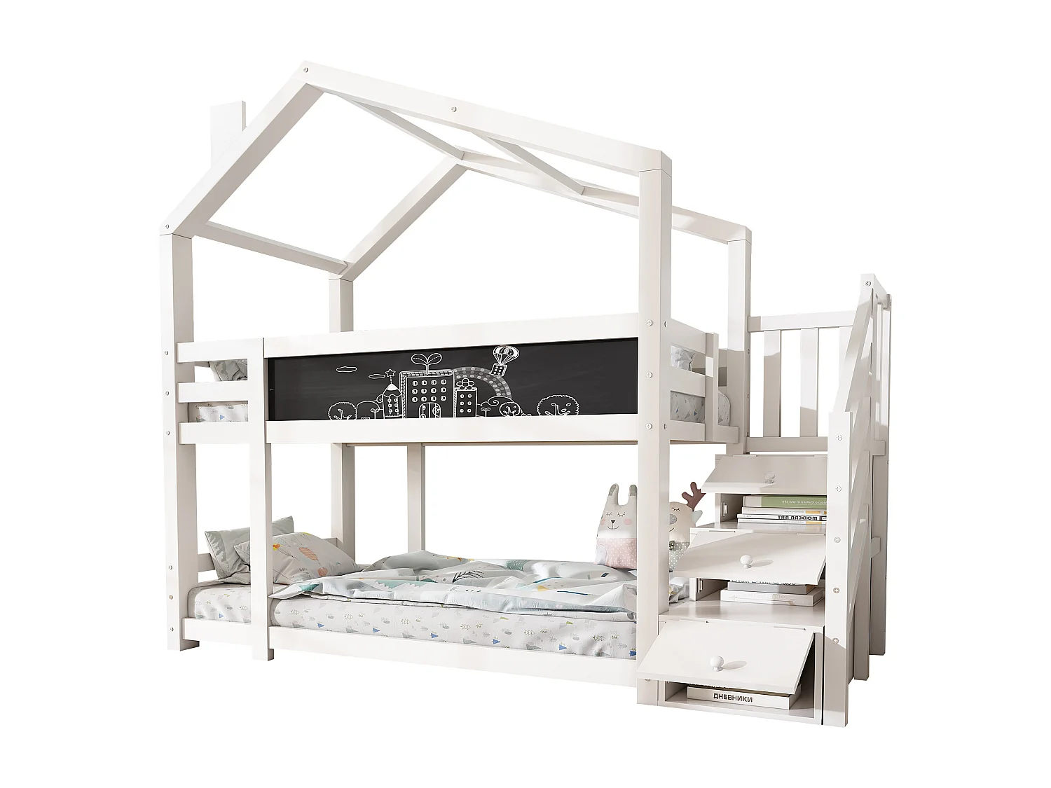 Lit superposé avec rangement - 2 x 90 x 200 cm - pin et MDF - escalier et sommier à lattes - blanc