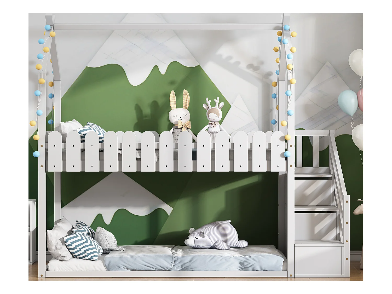 Lits superposés 2 couchages 90 x 200 cm avec 2 tiroirs, barrières de sécurité et sommier à lattes, blanc