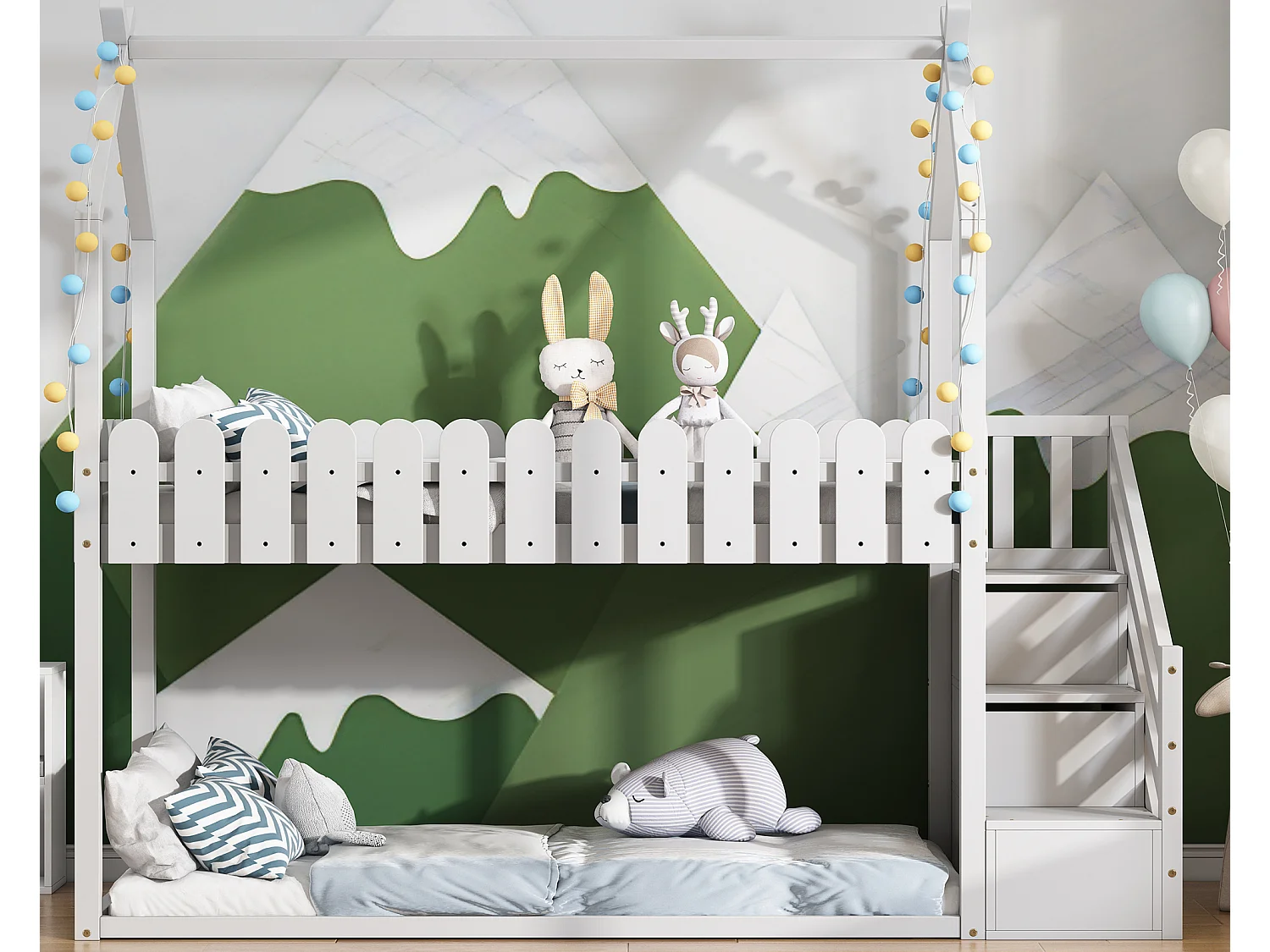 Lits superposés 2 couchages 90 x 200 cm avec 2 tiroirs, barrières de sécurité et sommier à lattes, blanc