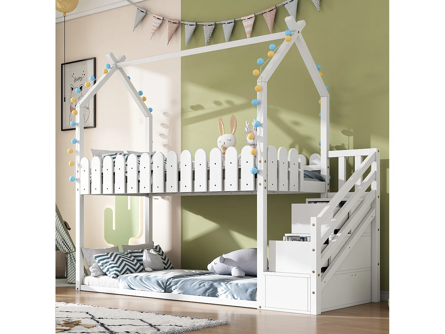 Lits superposés 2 couchages 90 x 200 cm avec 2 tiroirs, barrières de sécurité et sommier à lattes, blanc