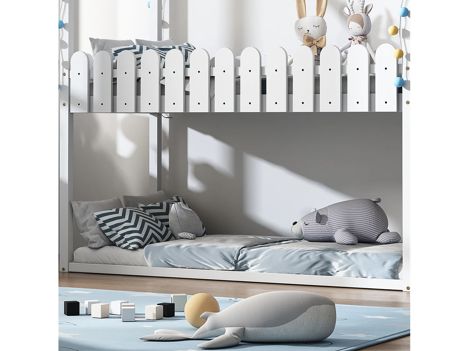 Lits superposés 2 couchages 90 x 200 cm avec 2 tiroirs, barrières de sécurité et sommier à lattes, blanc