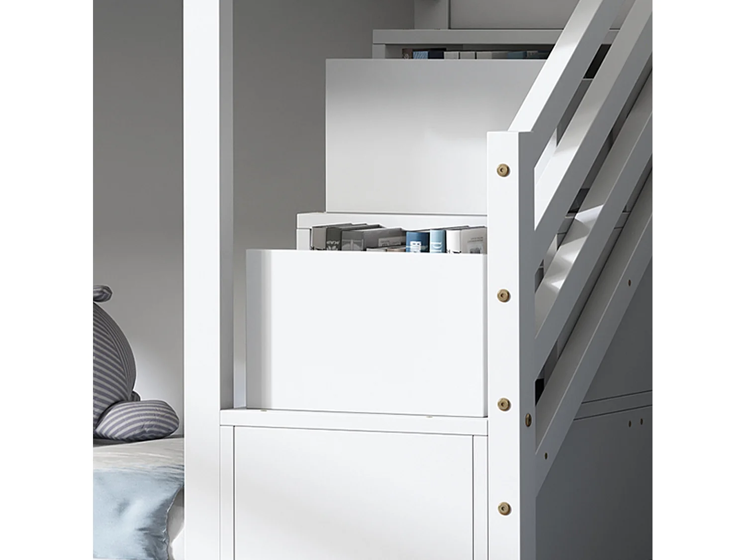 Lits superposés 2 couchages 90 x 200 cm avec 2 tiroirs, barrières de sécurité et sommier à lattes, blanc