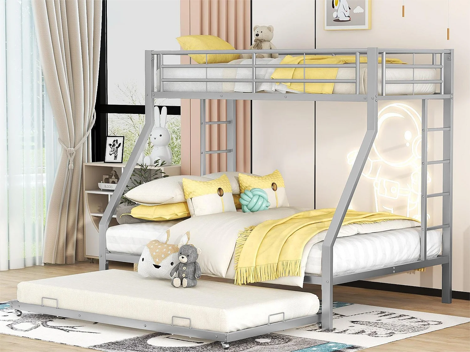 Ausziehbares Etagenbett für 4 Personen – 140 x 200 cm + 2 x 90 x 200 cm – Metall – Lattenrost – graue Farbe