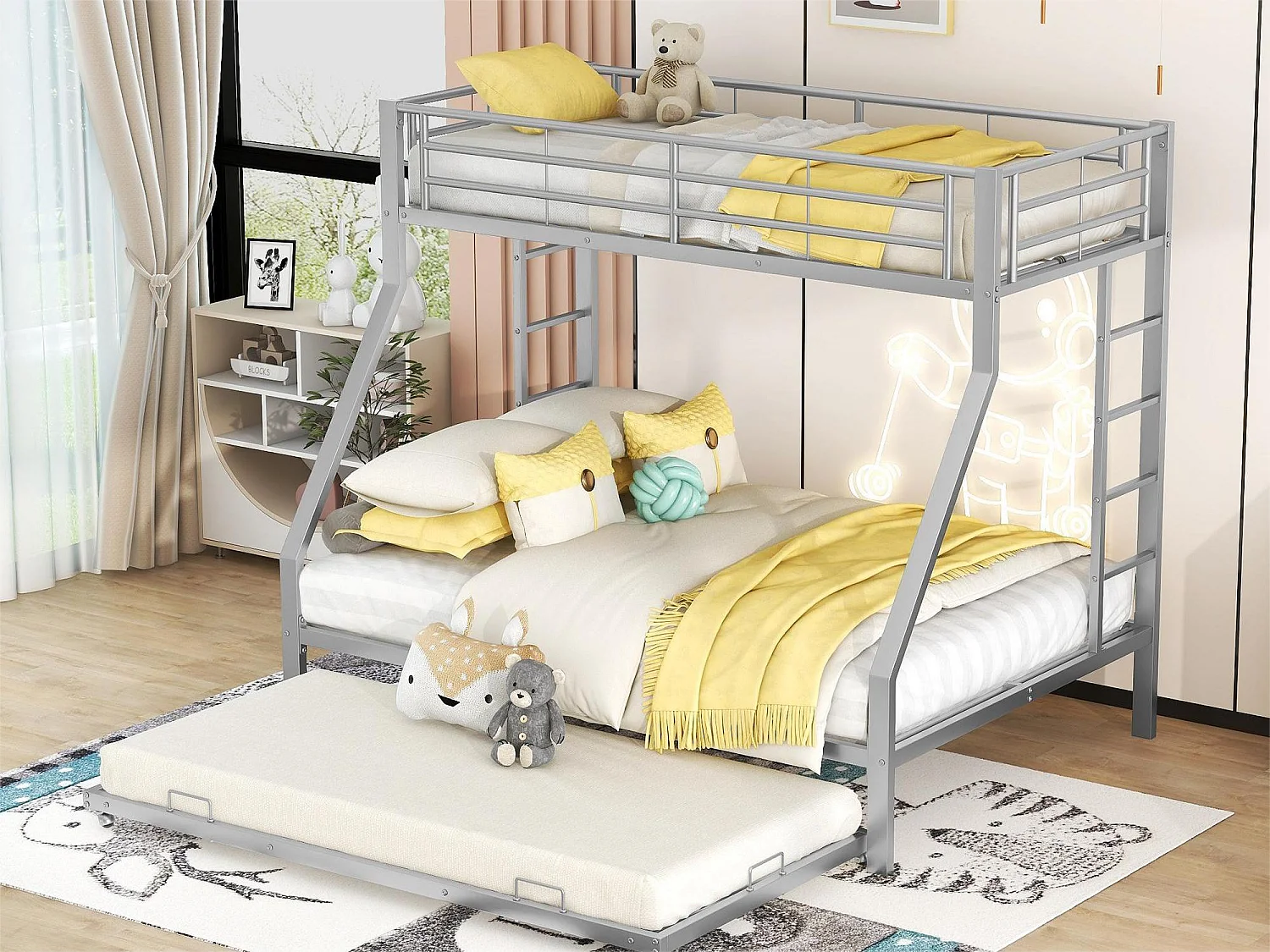 Ausziehbares Etagenbett für 4 Personen – 140 x 200 cm + 2 x 90 x 200 cm – Metall – Lattenrost – graue Farbe