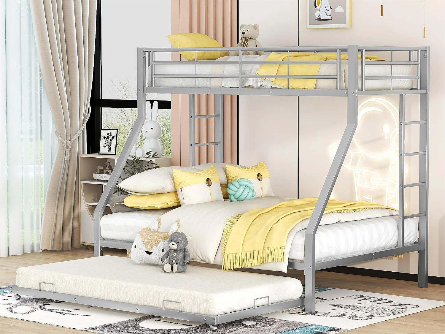 Ausziehbares Etagenbett für 4 Personen – 140 x 200 cm + 2 x 90 x 200 cm – Metall – Lattenrost – graue Farbe