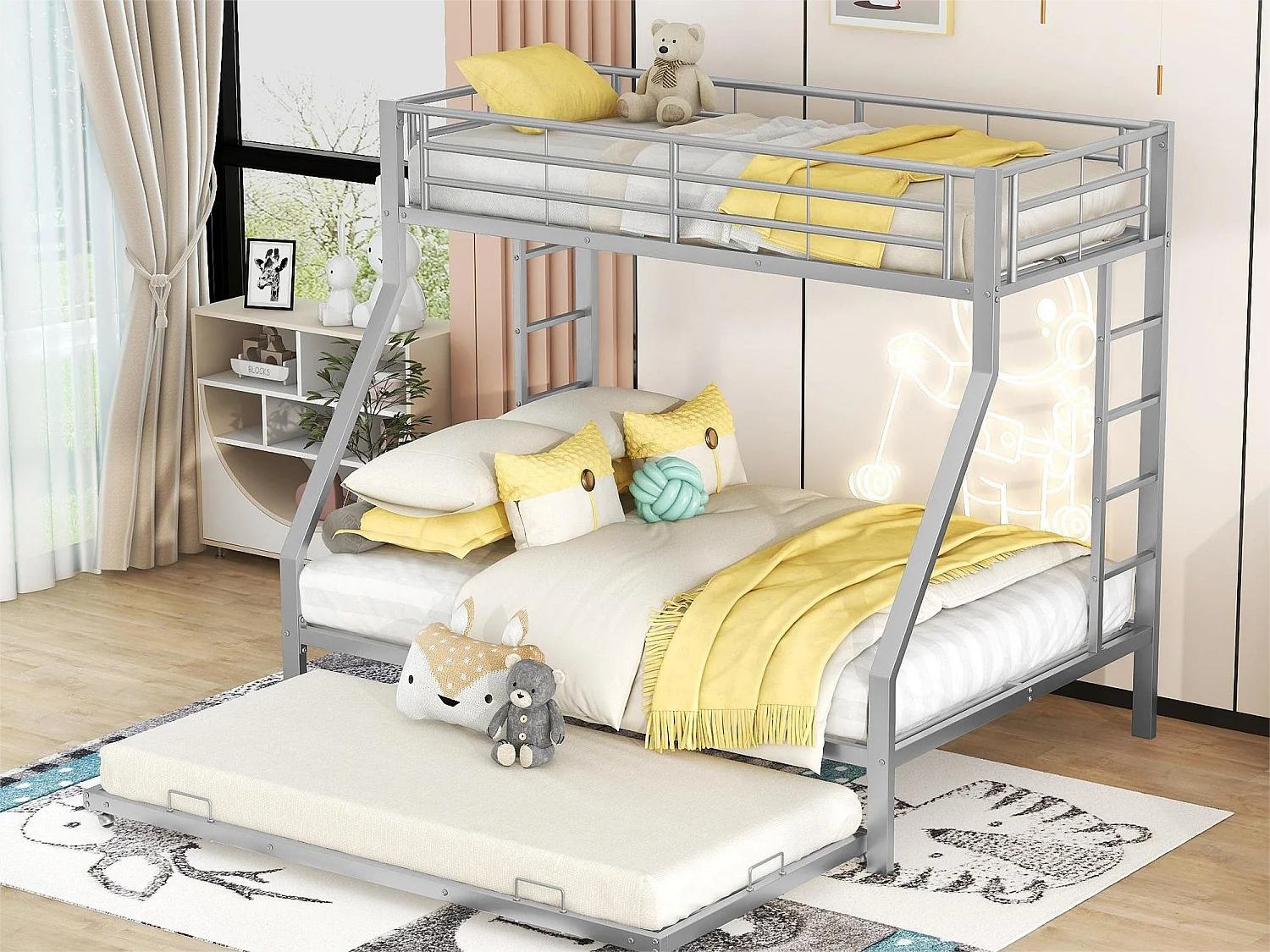 Ausziehbares Etagenbett für 4 Personen – 140 x 200 cm + 2 x 90 x 200 cm – Metall – Lattenrost – graue Farbe