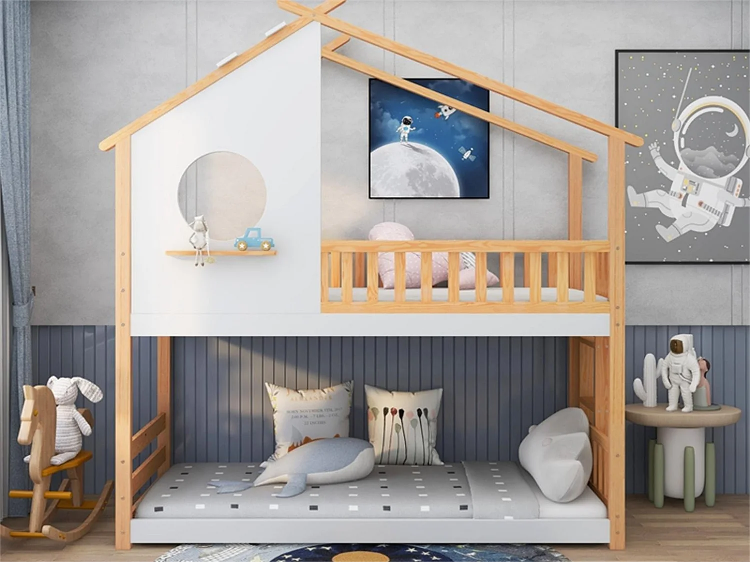 Beliche de 2 lugares - 2 x 90 x 200 cm - pinho - base de ripas - cor natural e branca