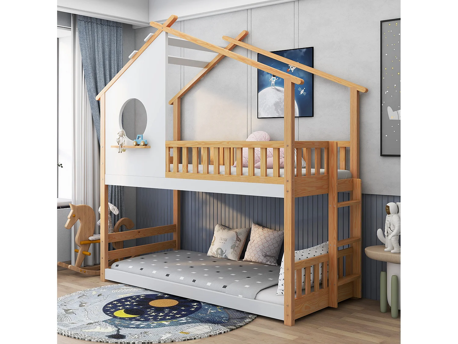 Beliche de 2 lugares - 2 x 90 x 200 cm - pinho - base de ripas - cor natural e branca