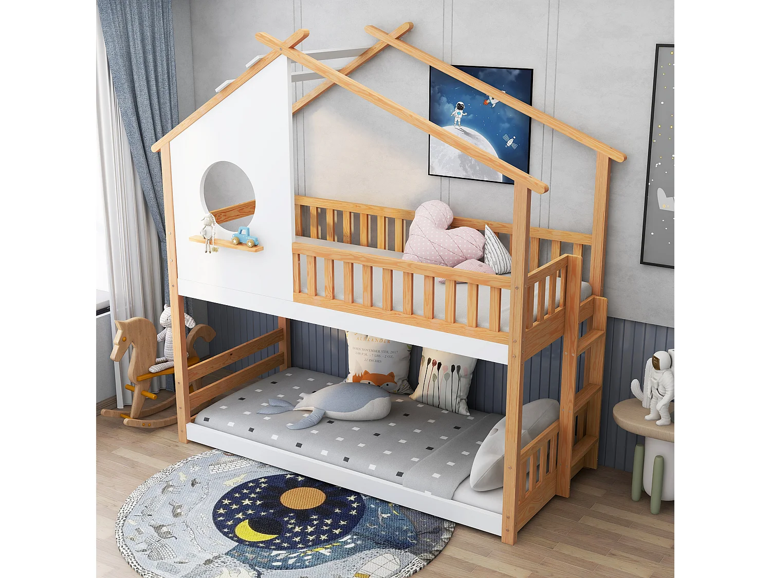 Beliche de 2 lugares - 2 x 90 x 200 cm - pinho - base de ripas - cor natural e branca