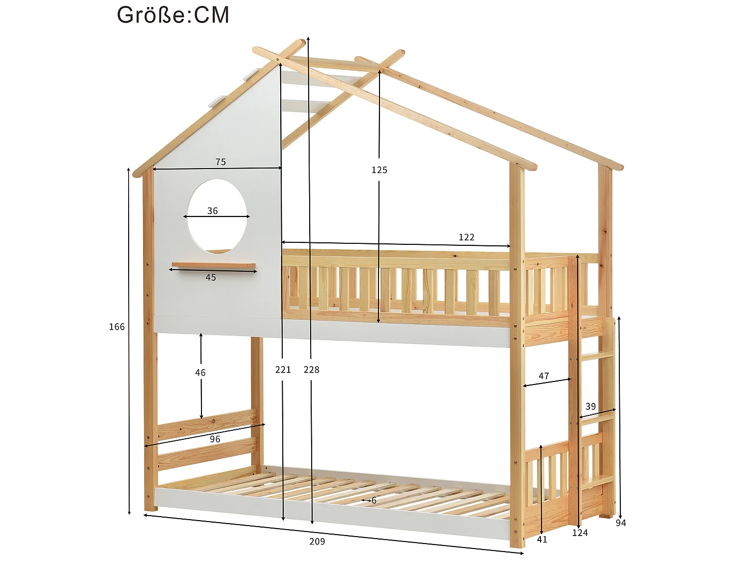 Beliche de 2 lugares - 2 x 90 x 200 cm - pinho - base de ripas - cor natural e branca