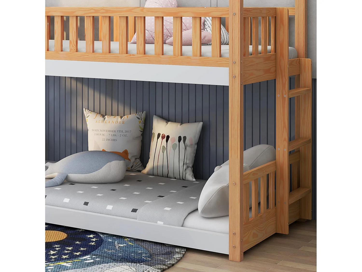 Beliche de 2 lugares - 2 x 90 x 200 cm - pinho - base de ripas - cor natural e branca