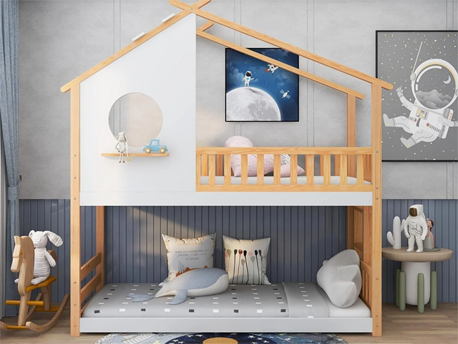 Beliche de 2 lugares - 2 x 90 x 200 cm - pinho - base de ripas - cor natural e branca