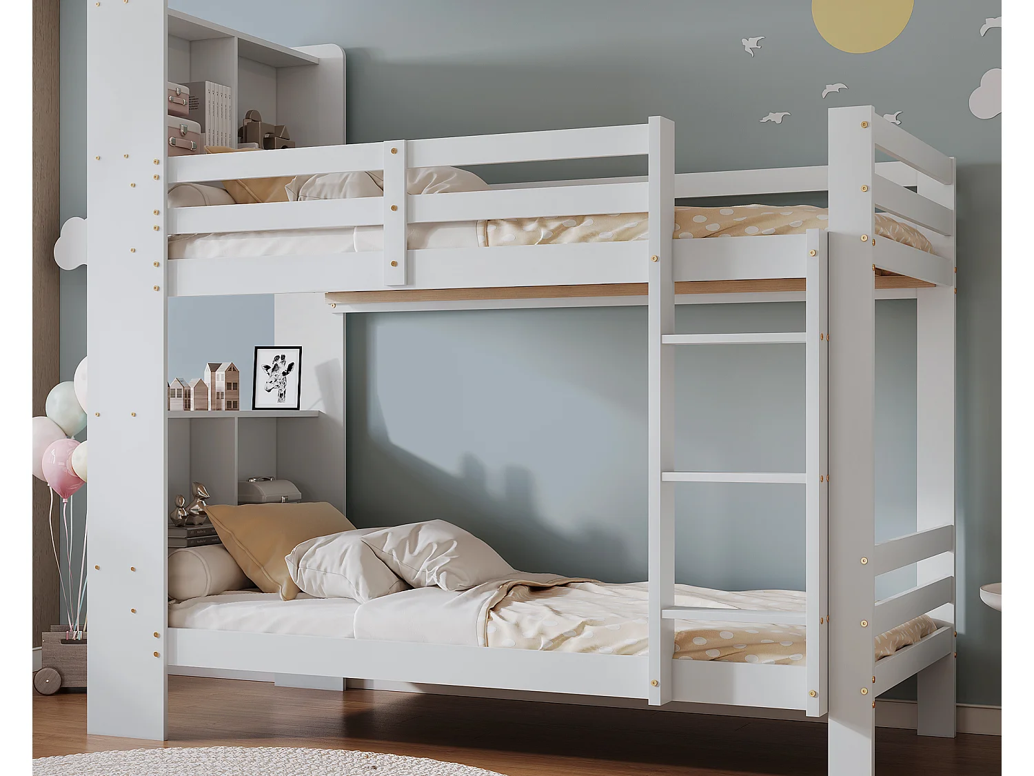 Lit superposé avec tête de lit rangement - 2 x 90 x 200 cm - bois massif - coloris blanc