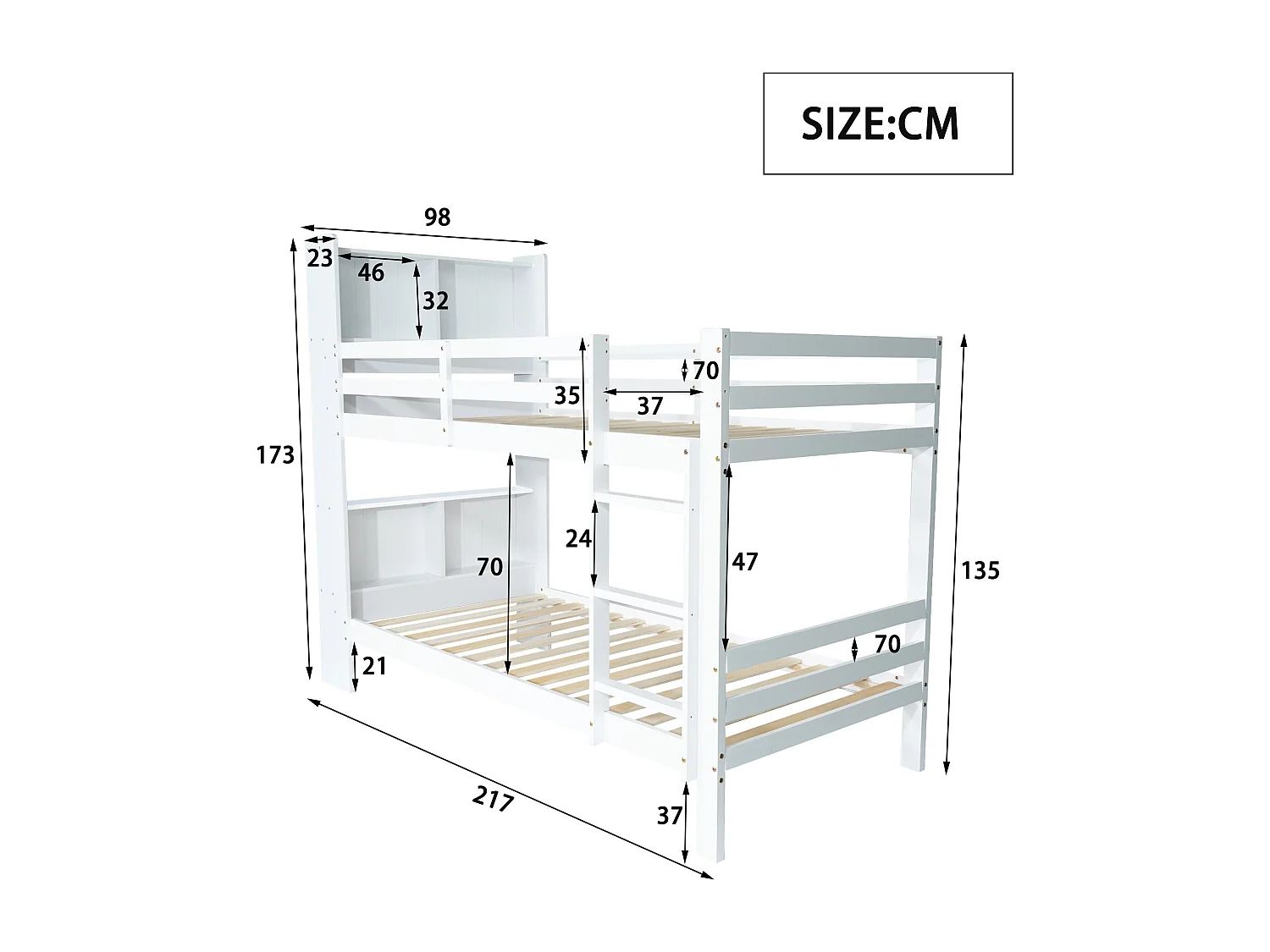 Lit superposé avec tête de lit rangement - 2 x 90 x 200 cm - bois massif - coloris blanc
