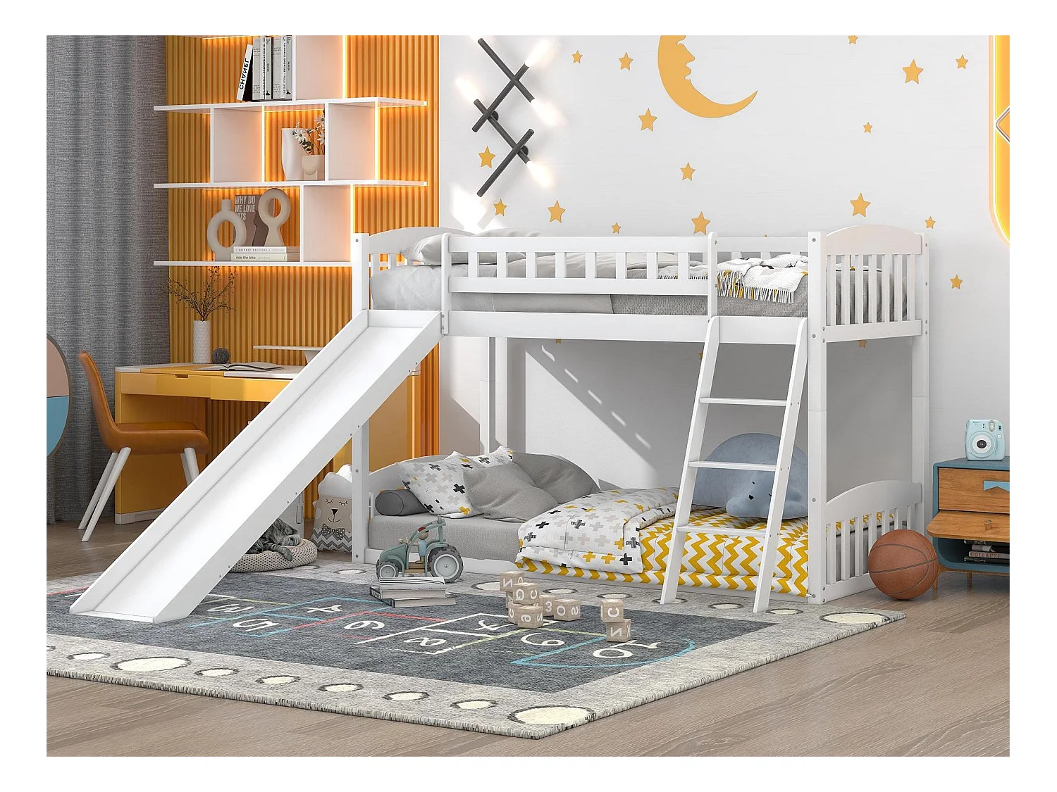 Lit superposé enfant avec toboggan - 2 x 90 x 200 cm - pin - sommier à lattes - coloris blanc
