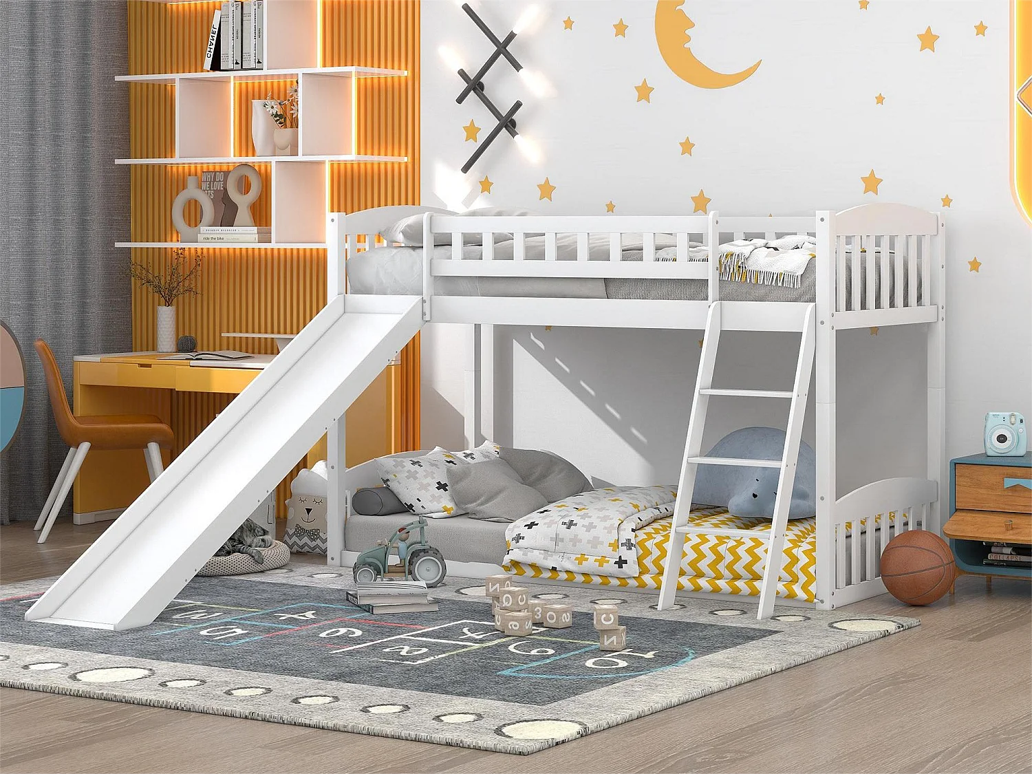 Kinderstapelbed met glijbaan - 2 x 90 x 200 cm - grenen - lattenbodem - kleur wit