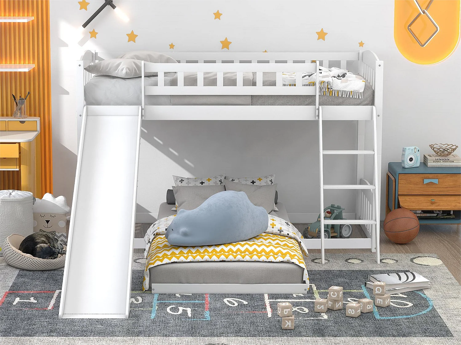 Kinderstapelbed met glijbaan - 2 x 90 x 200 cm - grenen - lattenbodem - kleur wit