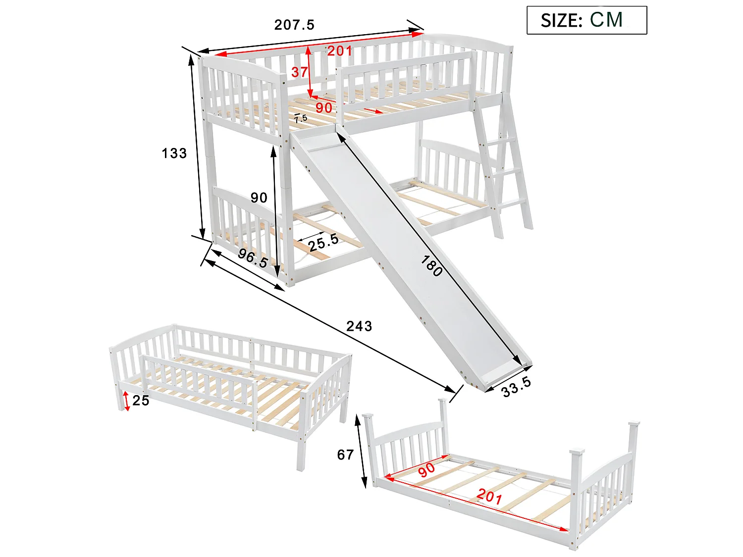 Kinderstapelbed met glijbaan - 2 x 90 x 200 cm - grenen - lattenbodem - kleur wit